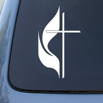 Cross & Flame - הכנסייה המתודיסטית המאוחדת - מכונית, משאית, מחברת, מדבקה מדבקות ויניל 2352 | צבע ויניל: לבן